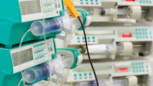 Racks of infusion pumps