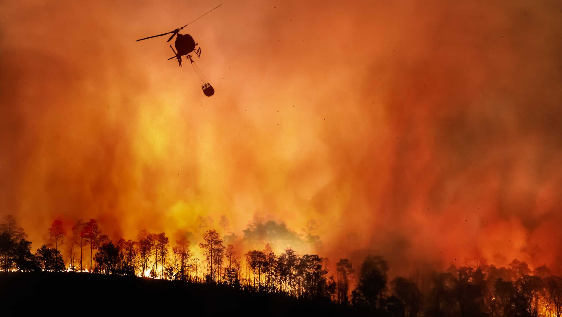 Fire fighting helicopter dropping water over vast forest fire